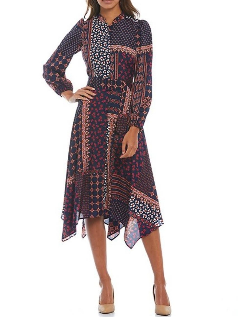 Vince Camuto Navy and Burgundy Patchwork Handkerchief-Hem Dress